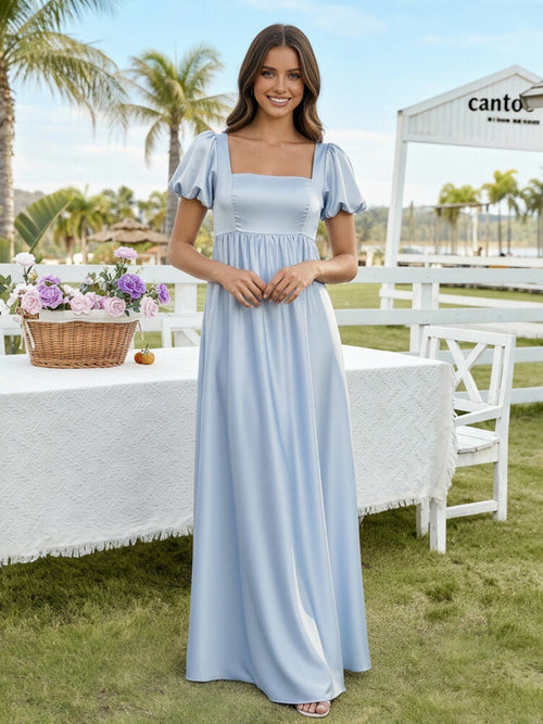 Satin A Line Square Neck Long Bridesmaid Dresses