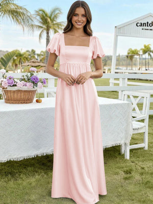 Satin A Line Square Neck Long Bridesmaid Dresses