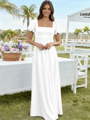 Satin A Line Square Neck Long Bridesmaid Dresses