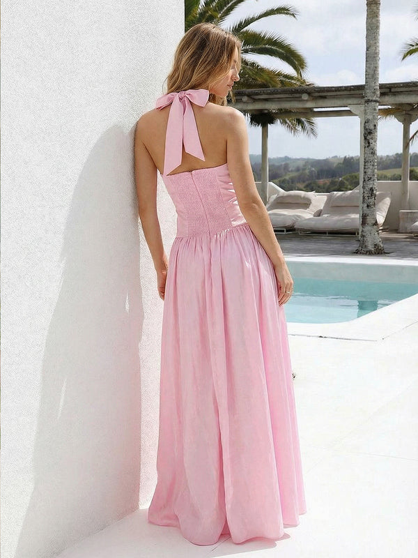 Satin A Line Halter Long Bridesmaid Dresses