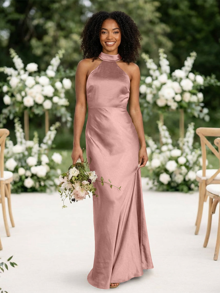 Satin Mermaid Halter Long Bridesmaid Dresses