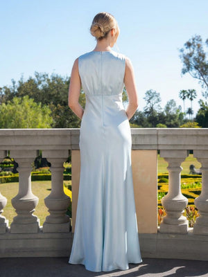 Satin Simple V Neck Long Bridesmaid Dresses