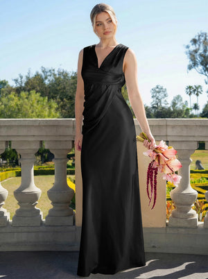 Satin Simple V Neck Long Bridesmaid Dresses