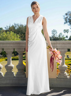 Satin Simple V Neck Long Bridesmaid Dresses