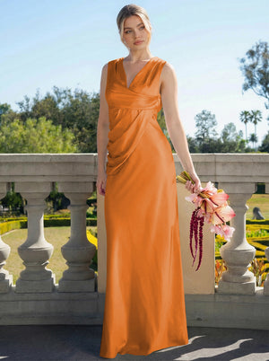 Satin Simple V Neck Long Bridesmaid Dresses