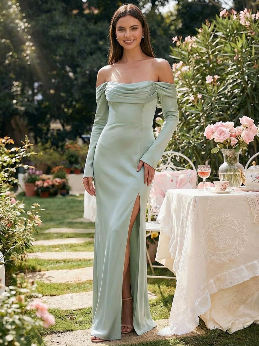 Satin Mermaid Off the Shoulder Long Wedding Guest Dresses