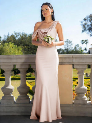 Satin Mermaid Asymmetric Neck Long Bridesmaid Dresses