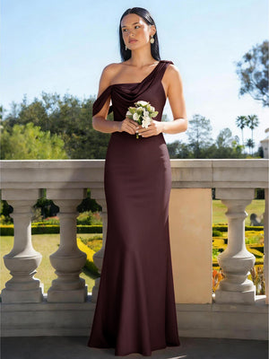 Satin Mermaid Asymmetric Neck Long Bridesmaid Dresses
