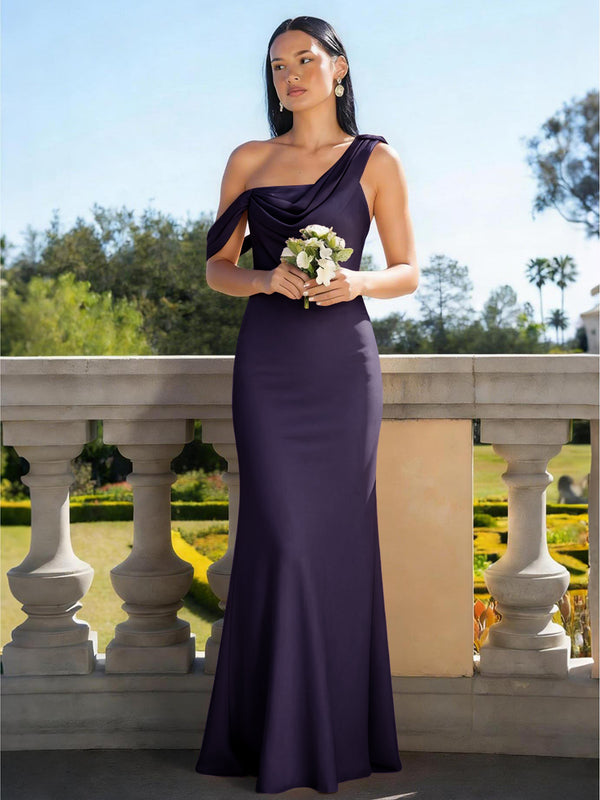 Satin Mermaid Asymmetric Neck Long Bridesmaid Dresses