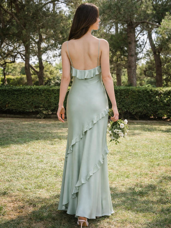 Satin A Line Spaghetti Straps Long Bridesmaid Dresses