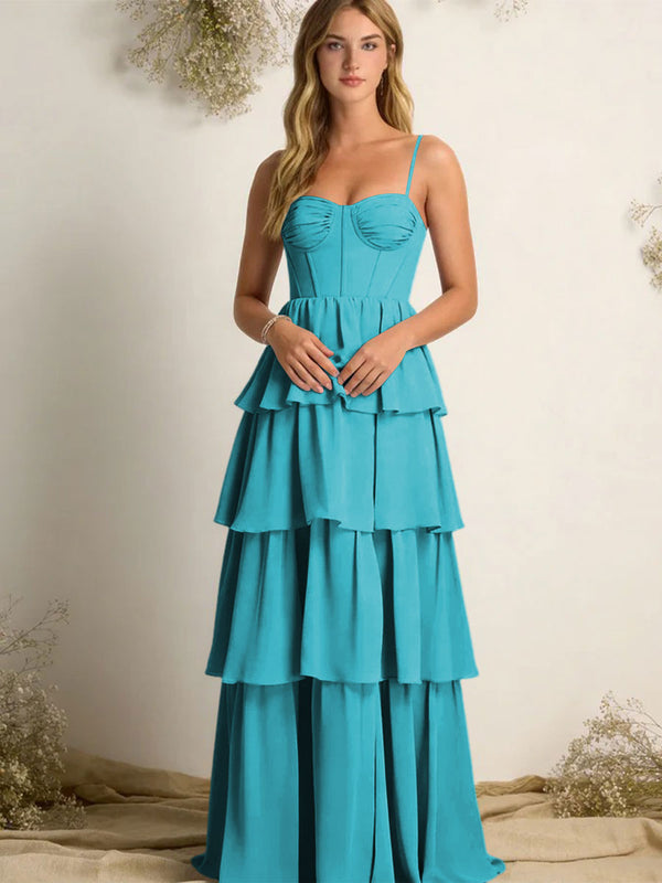 Chiffon Spaghetti Straps Layered Bridesmaid Dresses