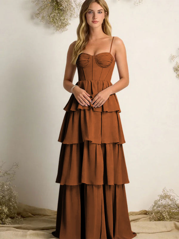 Chiffon Spaghetti Straps Layered Bridesmaid Dresses