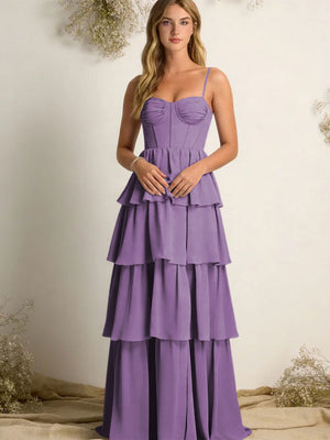 Chiffon Spaghetti Straps Layered Bridesmaid Dresses