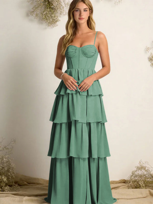 Chiffon Spaghetti Straps Layered Bridesmaid Dresses