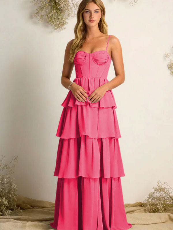 Chiffon Spaghetti Straps Layered Bridesmaid Dresses