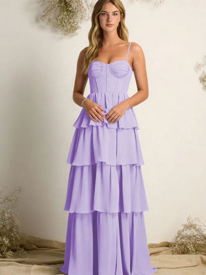 Chiffon Spaghetti Straps Layered Bridesmaid Dresses