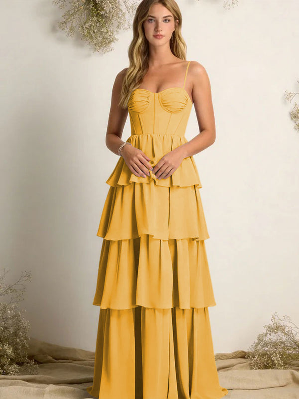 Chiffon Spaghetti Straps Layered Bridesmaid Dresses