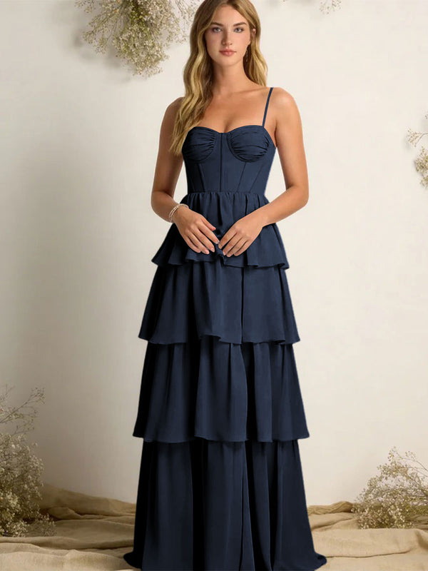 Chiffon Spaghetti Straps Layered Bridesmaid Dresses