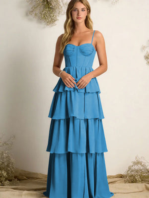Chiffon Spaghetti Straps Layered Bridesmaid Dresses