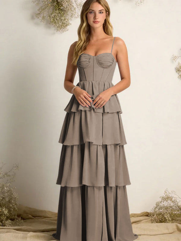Chiffon Spaghetti Straps Layered Bridesmaid Dresses