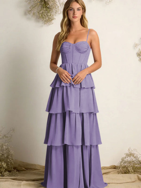 Chiffon Spaghetti Straps Layered Bridesmaid Dresses