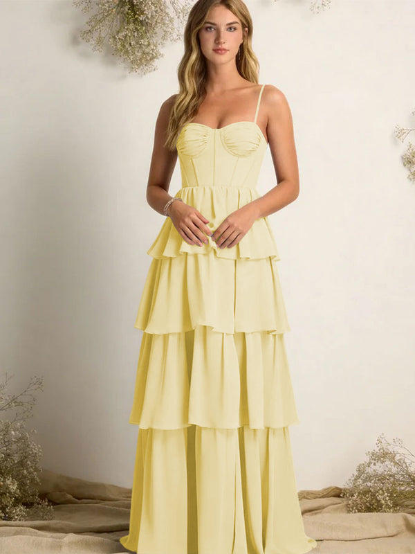 Chiffon Spaghetti Straps Layered Bridesmaid Dresses