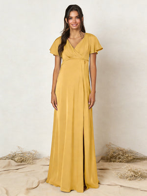 Chiffon V Neck Pleats Maxi Dresses with Sleeves