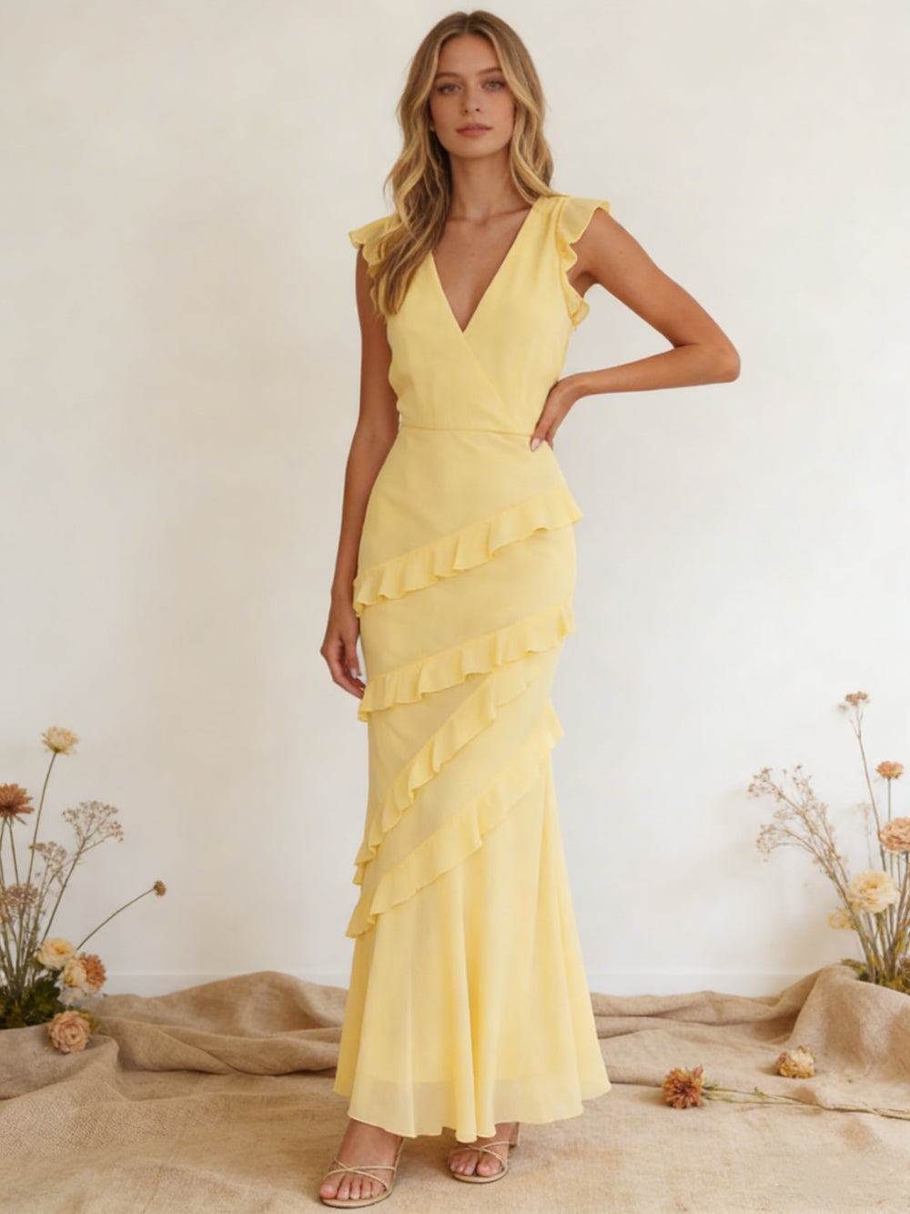 Chiffon Ruffled V Neck Mermaid Maxi Bridesmaid Dresses with Backless Design