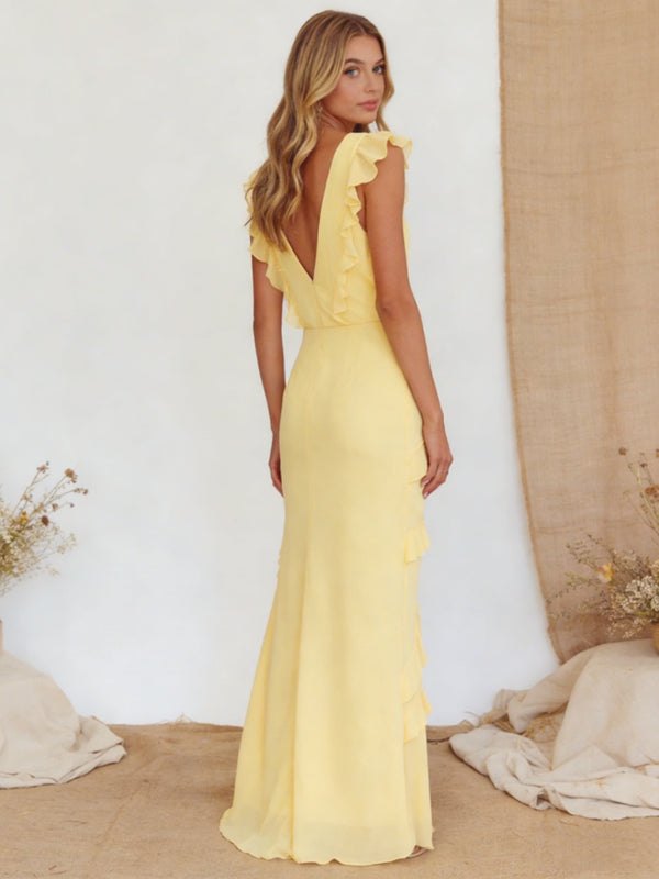 Chiffon Ruffled V Neck Mermaid Maxi Bridesmaid Dresses with Backless Design