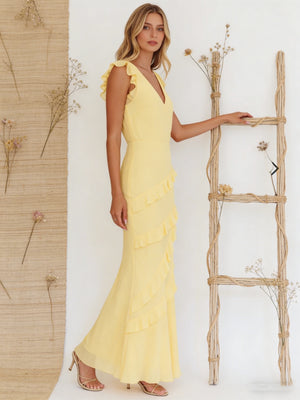 Chiffon Ruffled V Neck Mermaid Maxi Bridesmaid Dresses with Backless Design