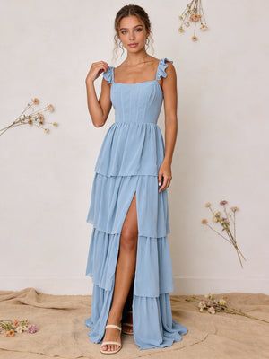 Chiffon Ruffled Tiered A Line Maxi Bridesmaid Dresses with Slit