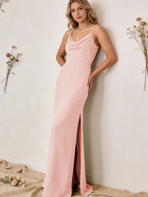 Chiffon Cowl Neck Spaghetti Straps Maxi Bridesmaid Dresses with Slit