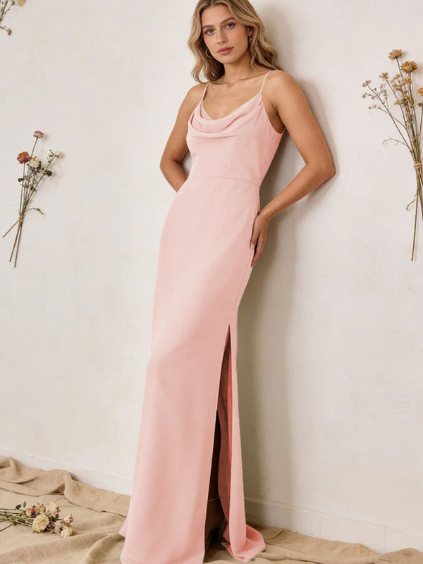 Chiffon Cowl Neck Spaghetti Straps Maxi Bridesmaid Dresses with Slit