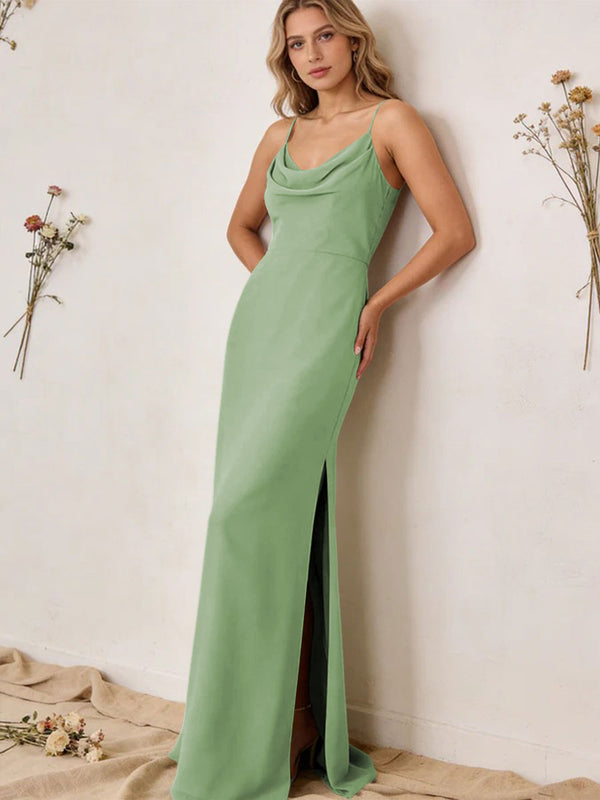 Chiffon Cowl Neck Spaghetti Straps Maxi Bridesmaid Dresses with Slit