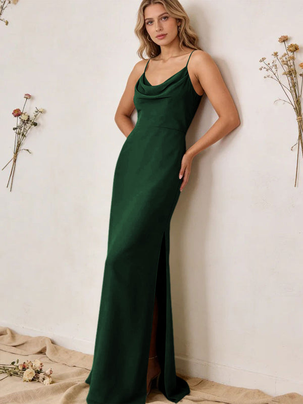 Chiffon Cowl Neck Spaghetti Straps Maxi Bridesmaid Dresses with Slit