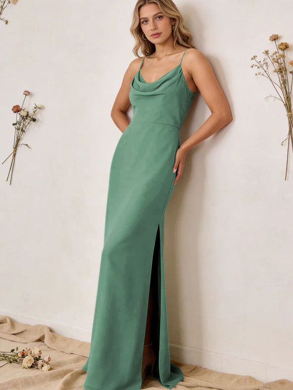 Chiffon Cowl Neck Spaghetti Straps Maxi Bridesmaid Dresses with Slit