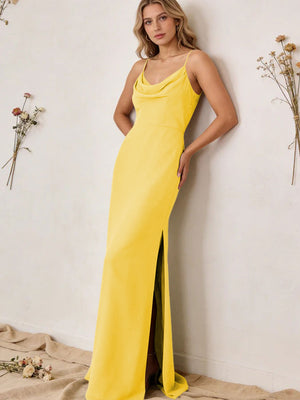 Chiffon Cowl Neck Spaghetti Straps Maxi Bridesmaid Dresses with Slit