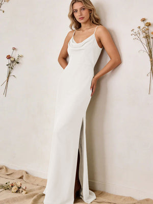 Chiffon Cowl Neck Spaghetti Straps Maxi Bridesmaid Dresses with Slit
