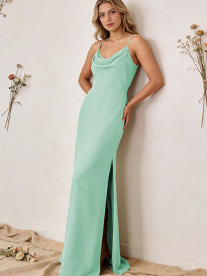 Chiffon Cowl Neck Spaghetti Straps Maxi Bridesmaid Dresses with Slit