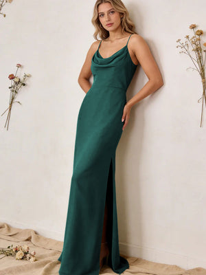 Chiffon Cowl Neck Spaghetti Straps Maxi Bridesmaid Dresses with Slit