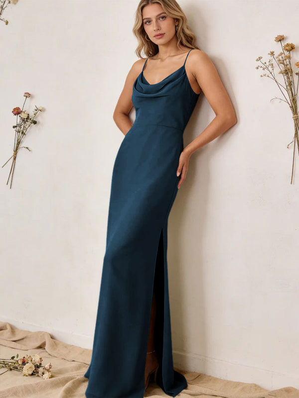 Chiffon Cowl Neck Spaghetti Straps Maxi Bridesmaid Dresses with Slit