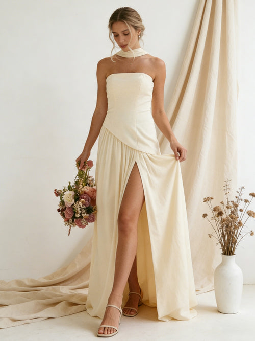 Chiffon Strapless High Slit Maxi Bridesmaid Dresses with Scarf