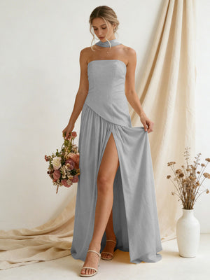 Chiffon Strapless High Slit Maxi Bridesmaid Dresses with Scarf