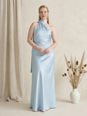 Satin One Shoulder Sleeveless Maxi Bridesmaid Dresses with Scarf