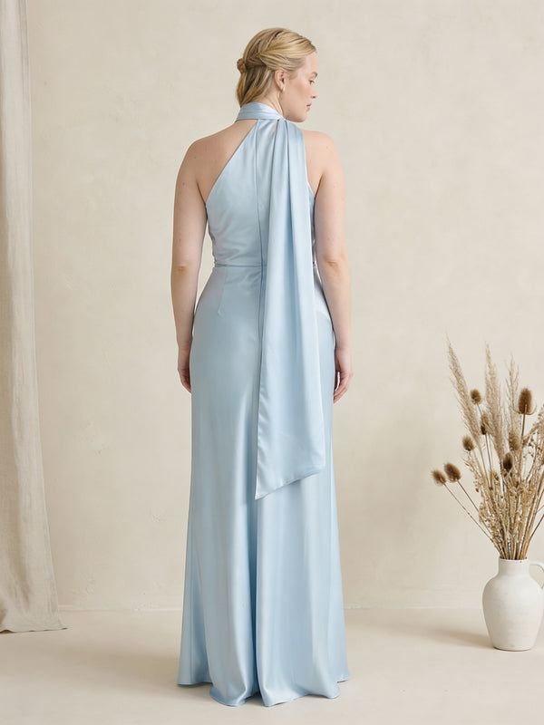 Satin One Shoulder Sleeveless Maxi Bridesmaid Dresses with Scarf