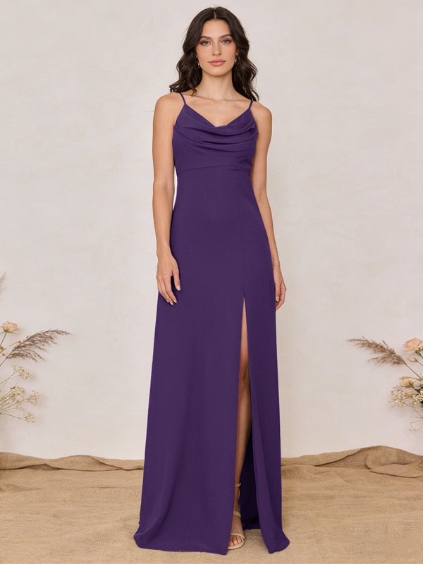 Chiffon Spaghetti Straps Cowl Neck Maxi Bridesmaid Dresses with Slit