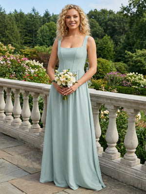 Chiffon Square Neck Maxi Bridesmaid Dresses with Backless