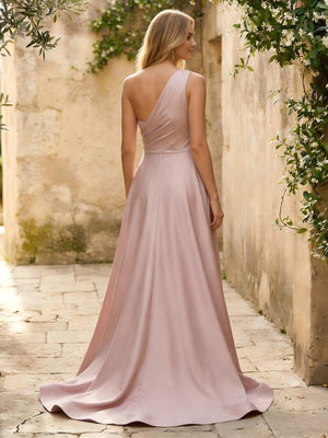 Satin A Line One Shoulder Princess Corset Bridesmaid Dresses