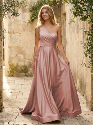 Satin A Line One Shoulder Princess Corset Bridesmaid Dresses
