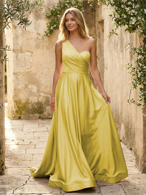 Satin A Line One Shoulder Princess Corset Bridesmaid Dresses